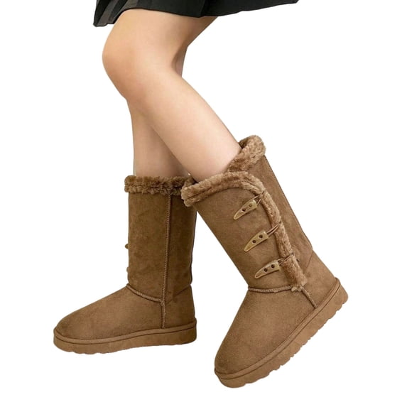 HEWUQI Women Plush Lined Fashion Mid Calf Boots Warm Fuzzy Winter Booties Comfortable Side Button Slip on Snow Shoes Khaki Size 9