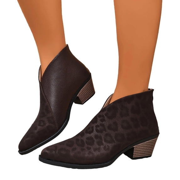 HEWUQI Women Pointed Toe Ankle Boots Leopard Print Chunky Block Heels Fall Winter Slip on Fashion Non Slip Breathable Walking Outdoor Daily Shoes Brown Size 7.5