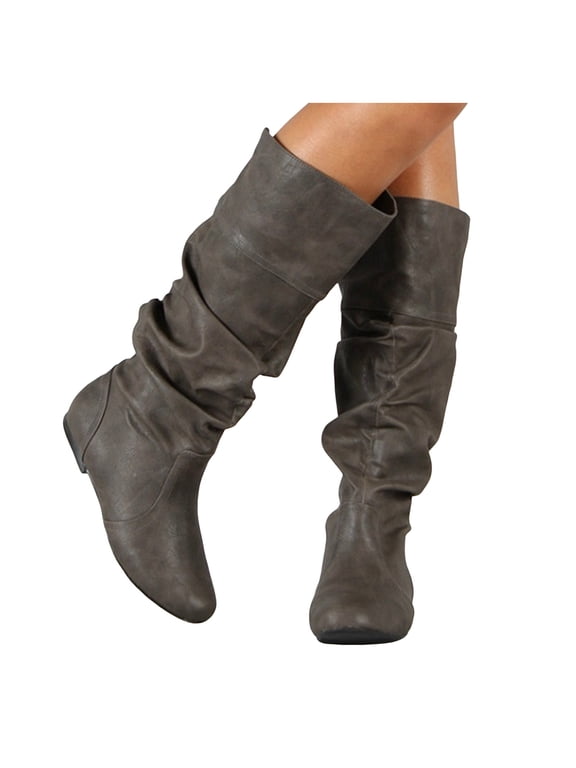 Women Slouchy Knee High Boots Hidden Wedge Round Toe Pull on Soft Leather Booties for Casual Fall Gray Size 5.5