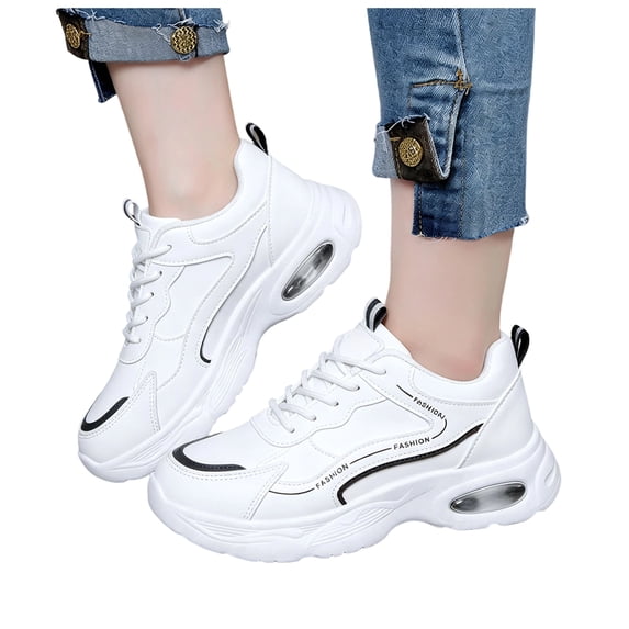 HEWUQI Women Walking Shoes Running Athletic Wide Width Gym Fashion Sneakers Thick Cushioned Breathable Leather Non Slip Footwear Black Size 7.5