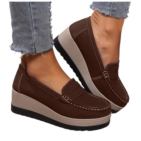 HEWUQI Women Wedge Loafers Platform Casual Breathable Suede Walking Boat Shoes Business Work Dress Slip on Slides for All Season Comfy Brown Size 7.5