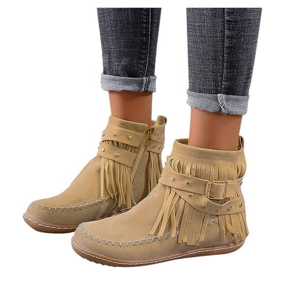 HEWUQI Women Western Fringe Ankle Boots Studded Adjustable Buckle Moccasins Round Toe Retro Bohemian Casual Shoes for Fall Outfits Beige Size 6.5