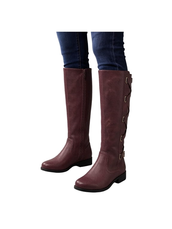 Women's Calf Knee High Boots Casual Low Heeled Side Zipper Riding Booties Round Toe Leather Upper Comfortable Daily Footwear Wine Size 6.5
