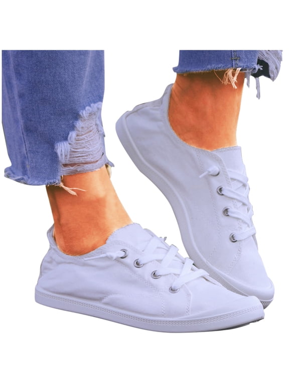 Women's Canvas Sneakers Low Top Walking Shoes Breathable Cushioned Slip on Comfortable for Everyday Walks Errands Casual Outfits White Size 7