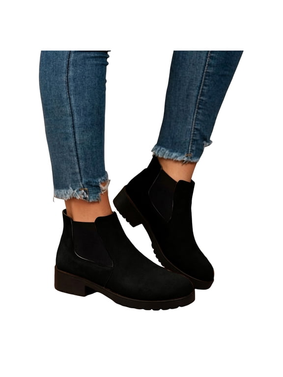 Women's Chunky Low Heeled Short Ankle Boots Fall Winter Comfortable Suede Elastic Slip on Booties for Casual Outing Daily Wear Black Size 5.5