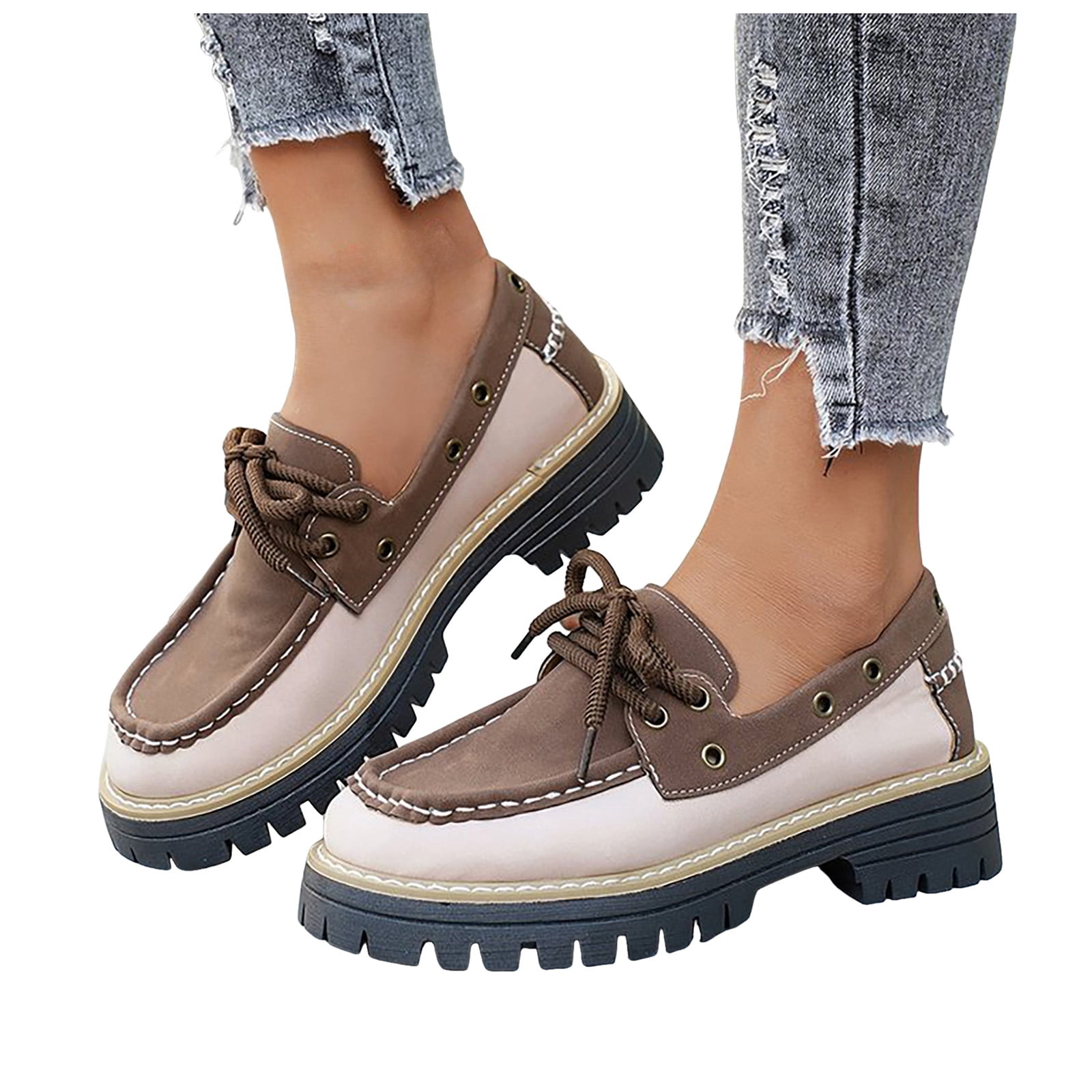 HEWUQI Women's Color Block Slip on Boat Shoes Lug Sole Lace up Casual ...