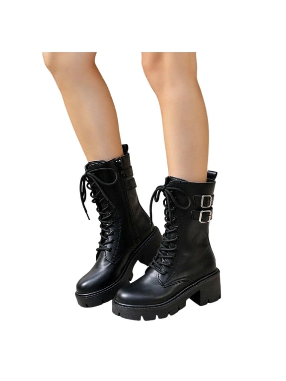 Women's Combat Boots Lace up Side Zipper Buckle Straps Chunky Platform Lug Sole Booties for Daily Concerts Black Size 6.5