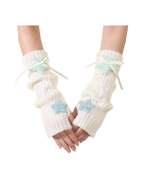 Women's Cute Star Knit Fingerless Arm Warmers Ribbed Half‑Finger Gloves Long Wrist Sleeves Light Blue