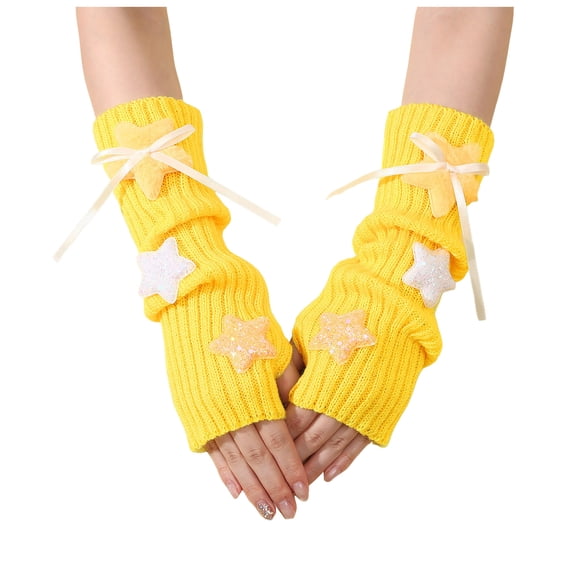 HEWUQI Women's Cute Star Knit Fingerless Arm Warmers Ribbed Half‑Finger Gloves Long Wrist Sleeves Yellow