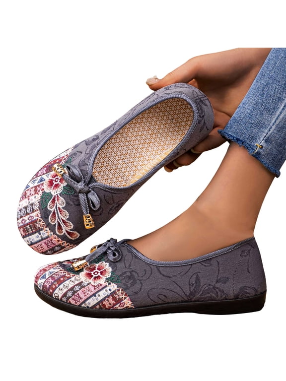 Women’s Embroidered Flower Slip on Flats Moire Pattern Suede Bowknot Walking Ballet Shoes Lightweight Work Business Footwear Gray Size 6
