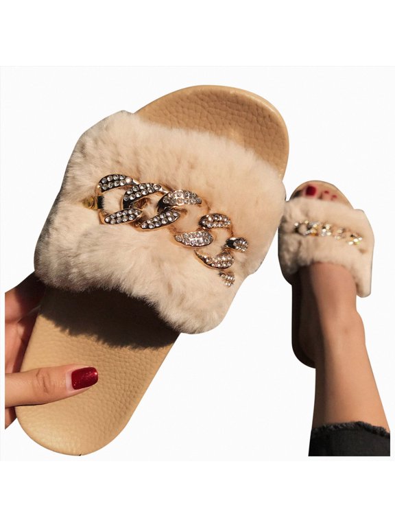 Women's Flat Slippers Crystal Metal Chain Slip on Sandals Fluffy Feathers Non Slip Breathable Summer Fashion Beach Shoes Khaki Size 6.5