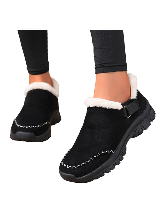 Women's Fleece Lined Winter Moccasins Adjustable Strap Suede Warm Ankle Boots Non Slip Outdoor Casual Walking Shoes Black Size 6