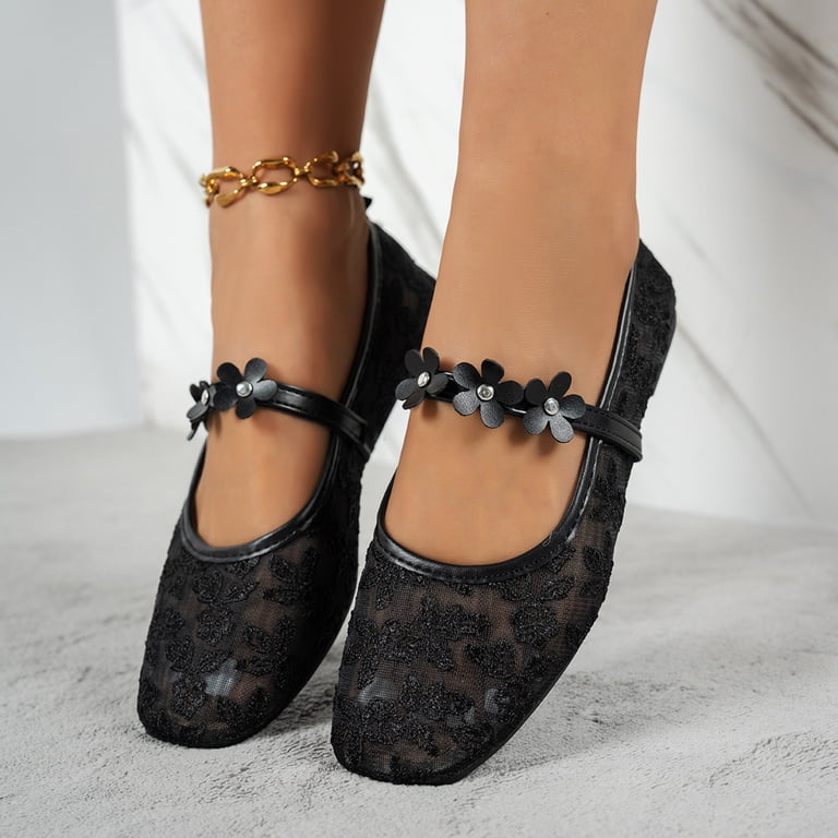 HEWUQI Women's Flower Lace Ballet Flats Mesh Mary Janes Breathable Round Toe Slip on Comfortable Casual Prom Graduate Dress Shoes Black Size 9