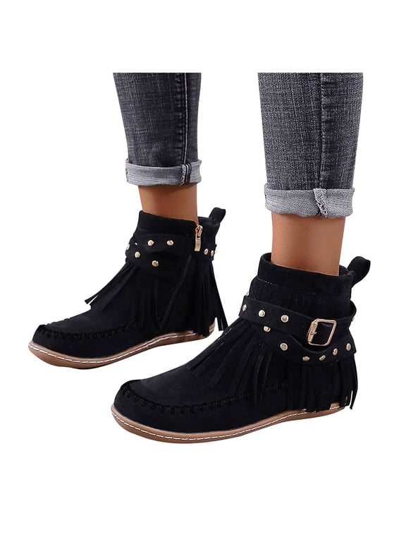Women's Fringe Ankle Booties Studded Buckle Straps Moccasins Toe Suede Western Bohemian Trip Weekend Gathering Outdoor Shoes Black Size 9.5