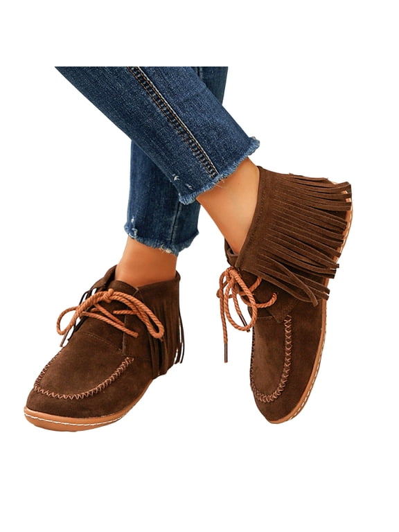 Women’s Fringe Lace up Short Bootsw Vintage Suede Bohemian Booties Festival Road Trip Vacation Moccasins Brown Size 7