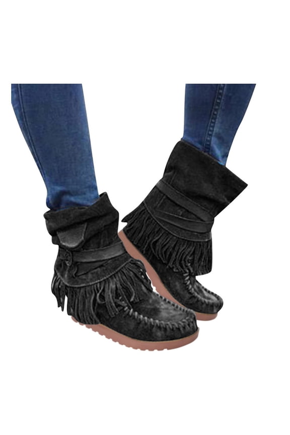 Women's Fringe Mid Calf Boots Fold Over Adjustable Buckle Strap Moccasins Comfortable Tassel Casual Shoes Black Size 11