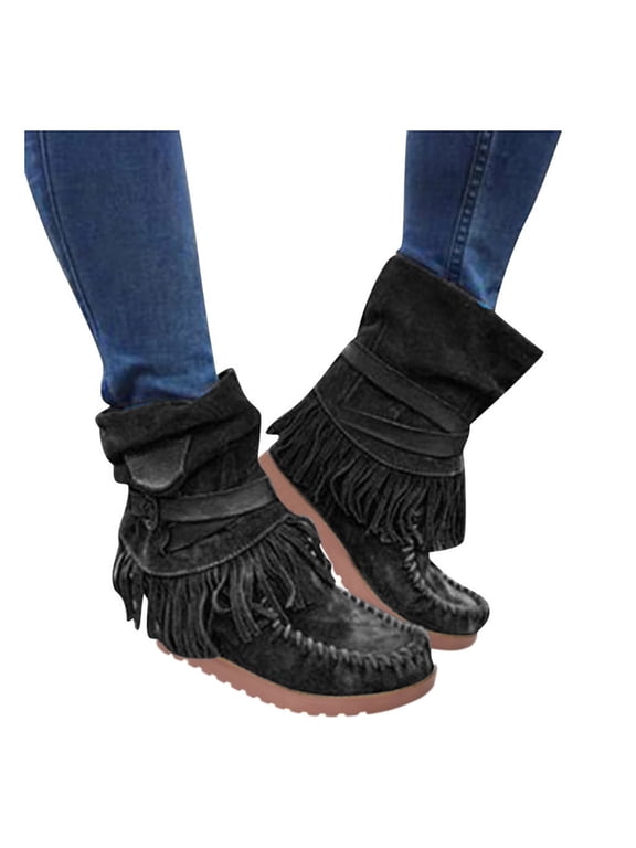 Women's Fringe Mid Calf Boots Fold Over Adjustable Buckle Strap Moccasins Comfortable Tassel Casual Shoes Black Size 8
