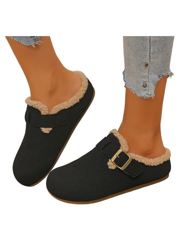 Women's Fuzzy Lined Winter Shoes Retro Metal Buckle Half Slip Mules Thick Sole Warm Indoor Outdoor Shoes Black Size 7.5