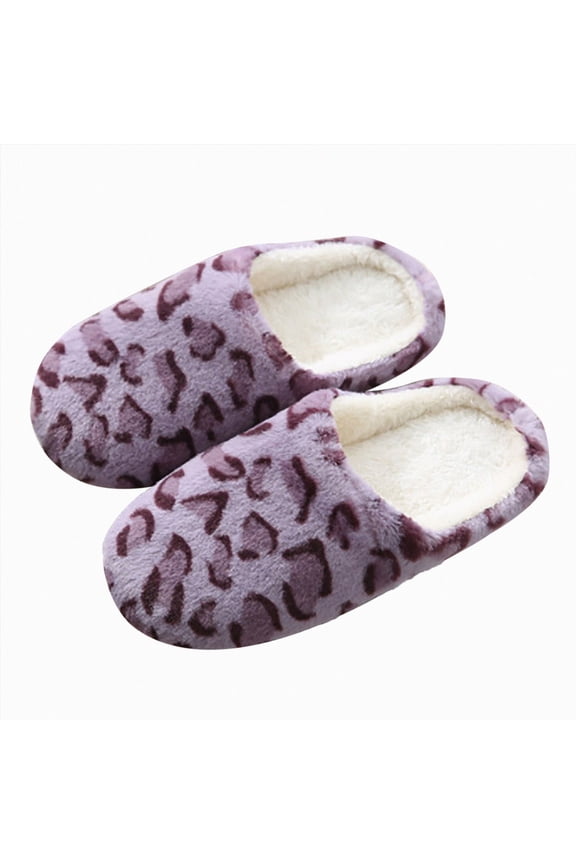 Women's Fuzzy Slip on Slippers Comfy Lightweight Indoor House Scuff Slides Leopard Print Closed Toe Soft Memory Foam Shoes Purple Size 5.5