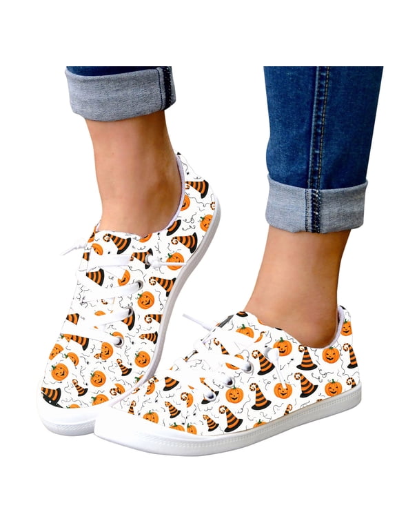 Women's Halloween Print Canvas Sneakers Purple Bat Spider Low Top Slip on Party Night Dress Shoes White Size 7.5