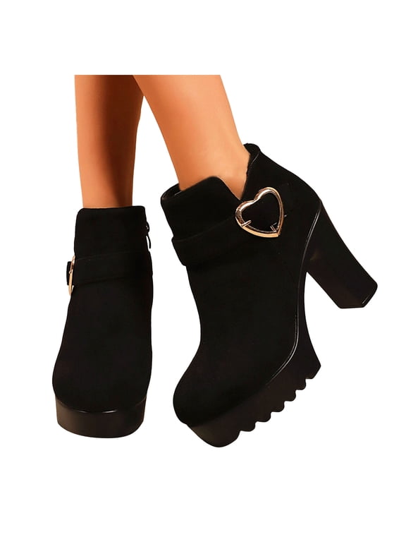 Women's Heart Buckle Platform Ankle Boots Side Zipper Chunky Block Heels Punk Fashion Party Dress Booties Black Size 10