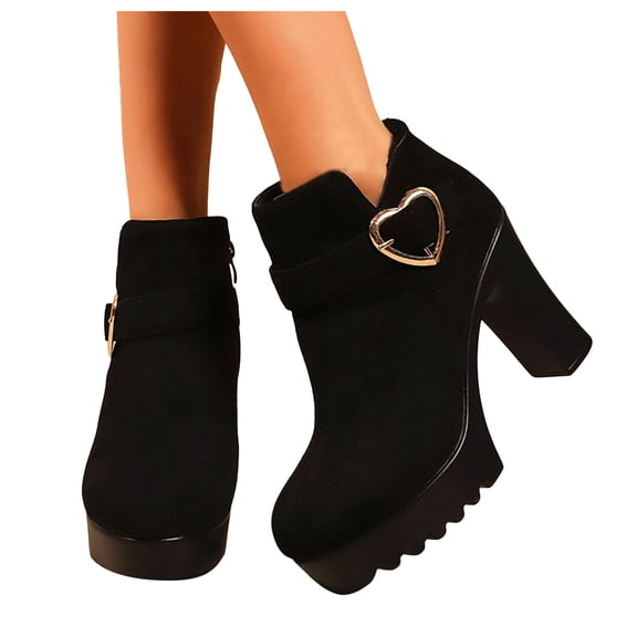 HEWUQI Women's Heart Buckle Platform Ankle Boots Side Zipper Chunky Block Heels Punk Fashion Party Dress Booties Black Size 11