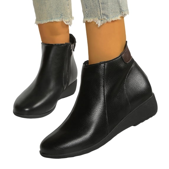 HEWUQI Women's Hidden Wedge Ankle Boots Soft Leather Side Zipper Booties Casual Daily Fall Winter Walking Shoes Black Size 10