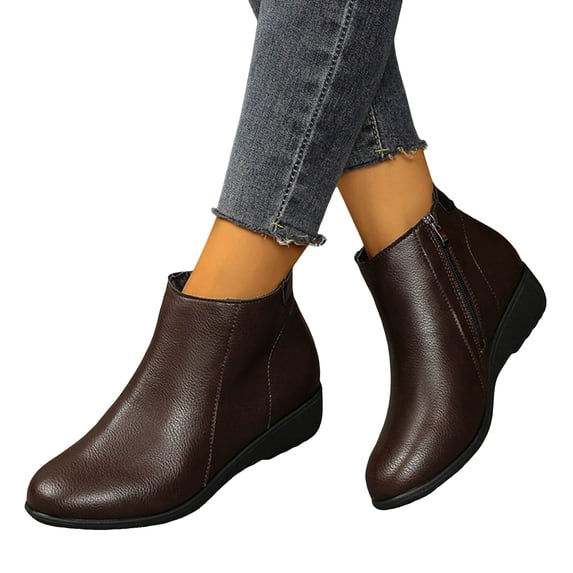 HEWUQI Women's Hidden Wedge Ankle Boots Soft Leather Side Zipper Booties Casual Daily Fall Winter Walking Shoes Brown Size 6.5
