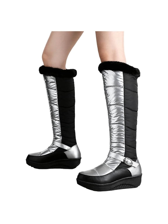 Women's High Top Snow Boots Platform Winter Warm Plush Lined Booties Antislip Cold Weather Outdoor Shoes B-Silver Size 6.5
