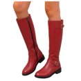 thumbnail image 1 of HEWUQI Women's Knee High Boots Leather Round Toe Adjustable Buckles Strap Winter Shoes Side Zipper Fall Flat Motorcycle Booties Brown Size 9, 1 of 7