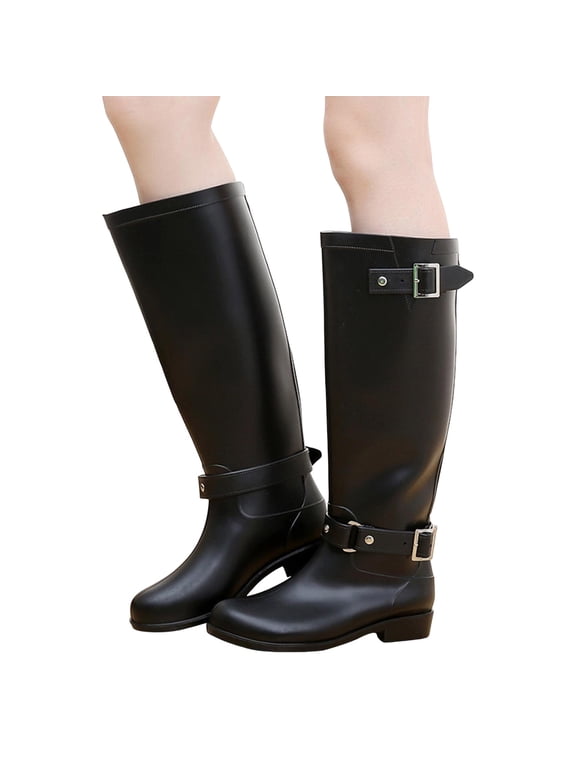 Women's Knee High Boots Winter Low Block Tall Dressy Shoes Adjustable Buckle Pull on Fall Footwear Black Size 6.5