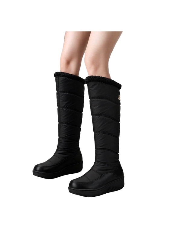 Women's Knee High Winter Snow Boots Quilted Fuzzy Cuff Wedge Platform Cold Weather Outdoor Walking Booties Black Size 9