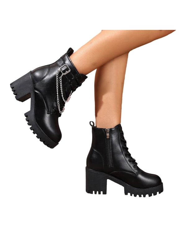 Women's Lace up Combat Ankle Booties Winter Buckle Side Zipper Platform Block Heels Antislip Metal Chain Party Winter Shoes Black Size 7.5