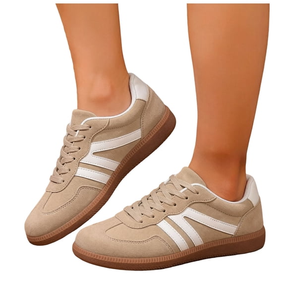 HEWUQI Women's Lace up Fashion Sneakers Trendy Stripe Athletic Walking Shoes Cushioned Insoles Shoes for All Day Wear Khaki Size 5.5