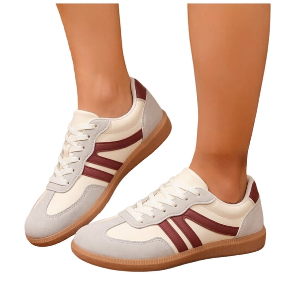 HEWUQI Women's Lace up Fashion Sneakers Trendy Stripe Athletic Walking Shoes Cushioned Insoles Shoes for All Day Wear Wine Size 9.5