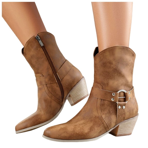 HEWUQI Women's Leather Ankle Boots Side Zipper Block Low Heels Chunky Business Work Casual Daily Fall Short Boots Brown Size 10