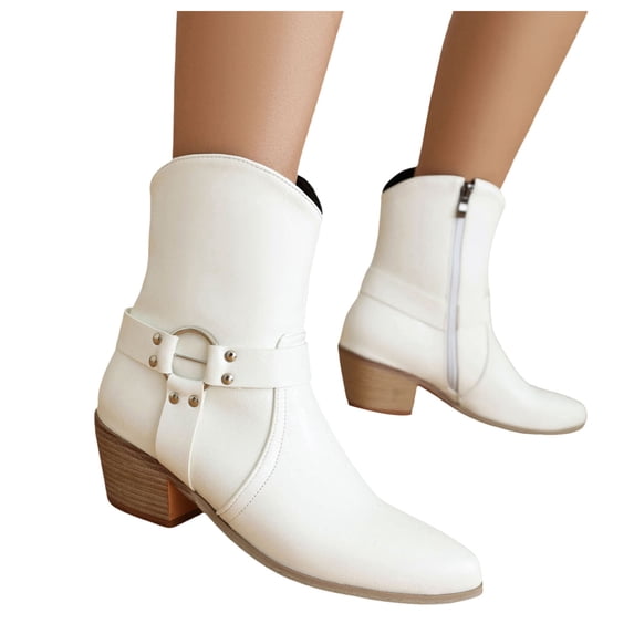 HEWUQI Women's Leather Ankle Boots Side Zipper Block Low Heels Chunky Business Work Casual Daily Fall Short Boots White Size 8.5