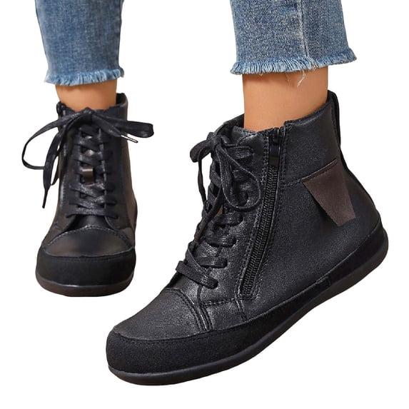 HEWUQI Women’s Leather High Top Ankle Boots Lace up Side Zipper Flat Booties Casual Lightweight Walking Short Shoes Black Size 9