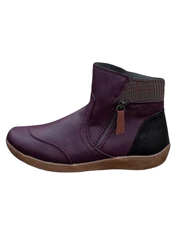 Women's Leather Winter Snow Boots Side Zipper Patchwork Waterproof Vintage Antislip Round Toe Casual Booties Purple Size 9