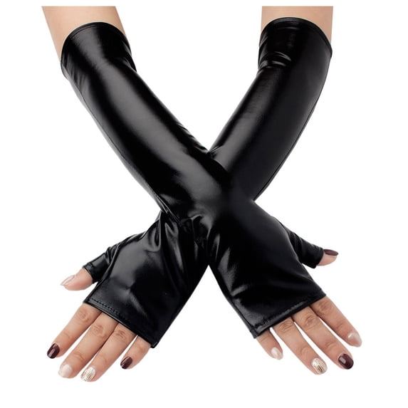 HEWUQI Women's Long Leather Fingerless Gloves Sleek Costume Accessory Themed Parties Events Arm Warmers Black