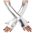 thumbnail image 1 of HEWUQI Women's Long Leather Fingerless Gloves Sleek Costume Accessory Themed Parties Events Arm Warmers silver, 1 of 3