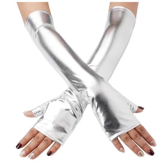 HEWUQI Women's Long Leather Fingerless Gloves Sleek Costume Accessory Themed Parties Events Arm Warmers silver