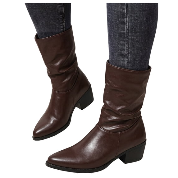 HEWUQI Women's Mid Calf Boots Leather Pointed Toe Ruched Low Block Heels Comfortable Boho Retro Casual Party Winter Dressy Shoes Brown Size 6