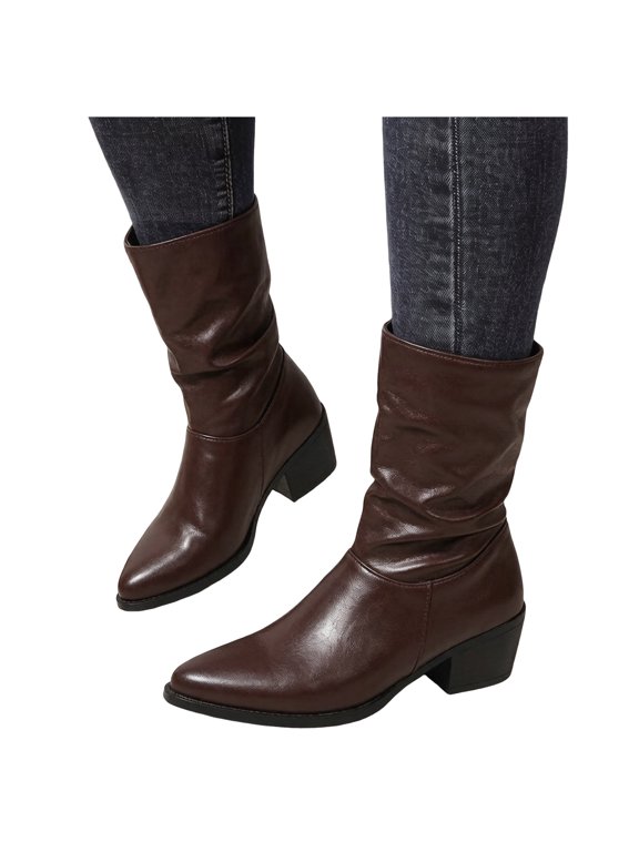 Women's Mid Calf Boots Leather Pointed Toe Ruched Low Block Heels Comfortable Boho Retro Casual Party Winter Dressy Shoes Brown Size 7