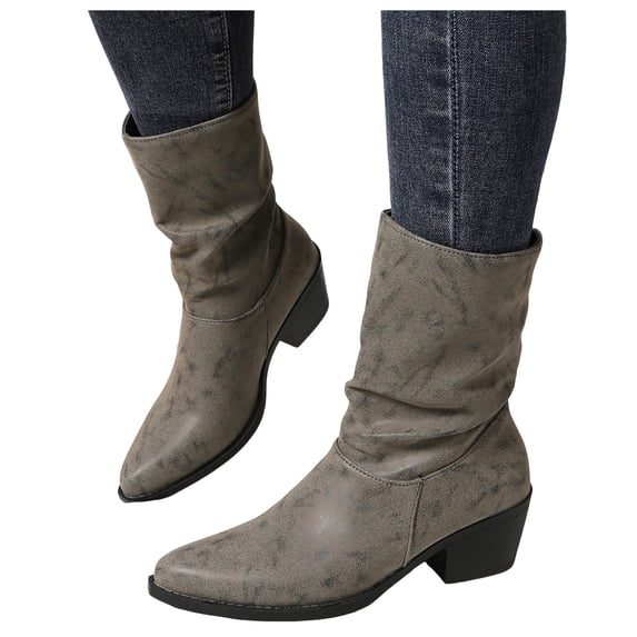 HEWUQI Women's Mid Calf Boots Leather Pointed Toe Ruched Low Block Heels Comfortable Boho Retro Casual Party Winter Dressy Shoes Gray Size 6.5