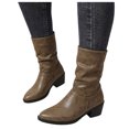 thumbnail image 1 of HEWUQI Women's Mid Calf Boots Leather Pointed Toe Ruched Low Block Heels Comfortable Boho Retro Casual Party Winter Dressy Shoes Khaki Size 6.5, 1 of 5