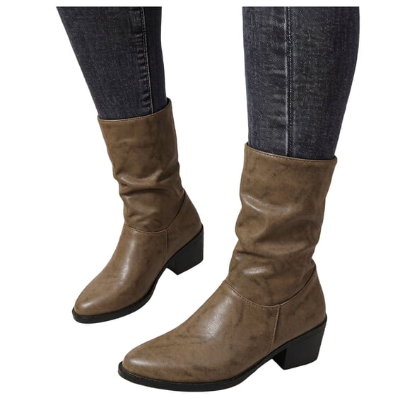 HEWUQI Women's Mid Calf Boots Leather Pointed Toe Ruched Low Block Heels Comfortable Boho Retro Casual Party Winter Dressy Shoes Khaki Size 6.5