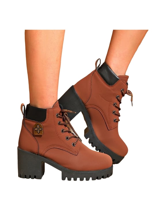 Women's Platform Ankle Boots Fashion Suede Chunky Heels Casual Lace up Lug Sole Non Slip Motorcycle Booties Wine Size 6.5