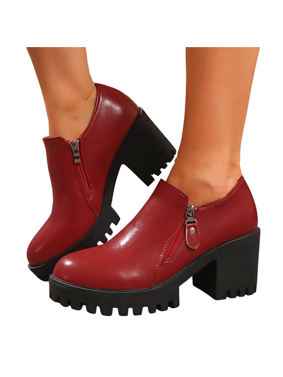 Women's Platform Chelsea Ankle Boots Side Zipper Slip on Chunky Heels Soft Classic Non Slip Short Booties Red Size 8