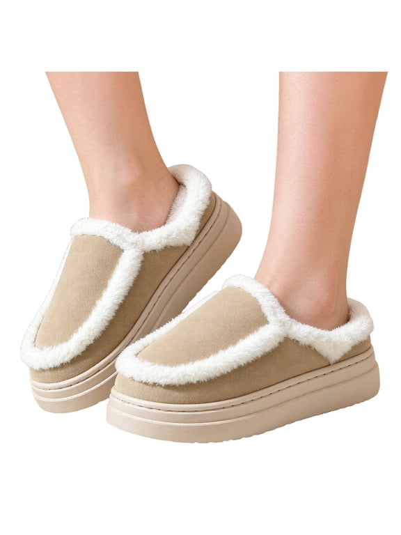 Women's Platform Warm Cotton Boots Comfortable Plush Lined Easy Wear Walking Booties Warm Home Slippers Khaki Size 9